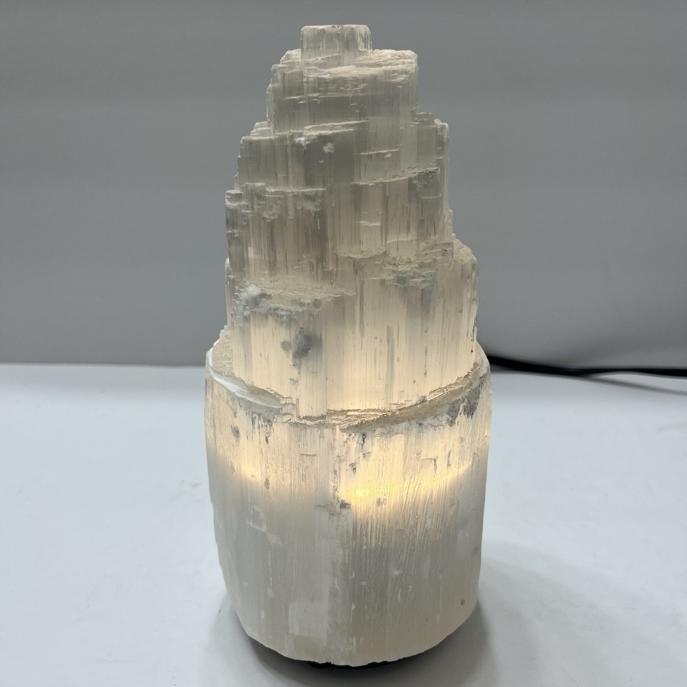 Selenite 8" Tower Light Crystal Natural White Corded Dial Switch Morocco